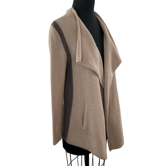 360 Cashmere Tan/Brown Color-Block Draped Relaxed Cardigan Sweater Pockets S - Picture 1 of 8